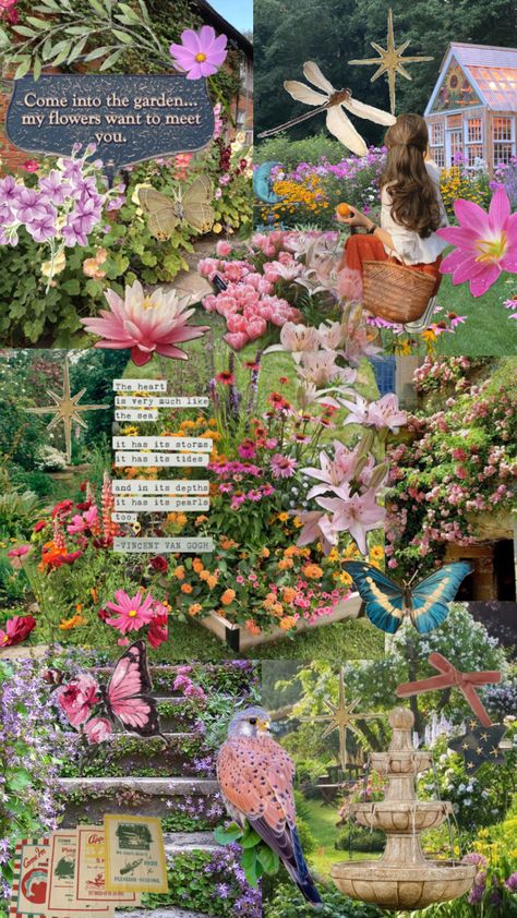 Garden Fairy Aesthetic, Girly Books, Fairy Garden Aesthetic, Fae Garden, Fairies Aesthetic, Igcse Art, Garden Collage, Garden Fairies, Nature Collage