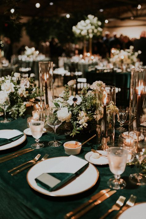 Emerald And Gold Fall Wedding, Dark Green And Cream Wedding Theme, Green Tones Wedding Theme, Forest Green Wedding Decor Ideas, English Garden Centerpiece Ideas, Elegant Winter Wedding Ideas Decorations Table Settings, Emerald Green Woodsy Wedding, Green Wedding Ideas Color Schemes, Wedding Table Decorations Dark Green