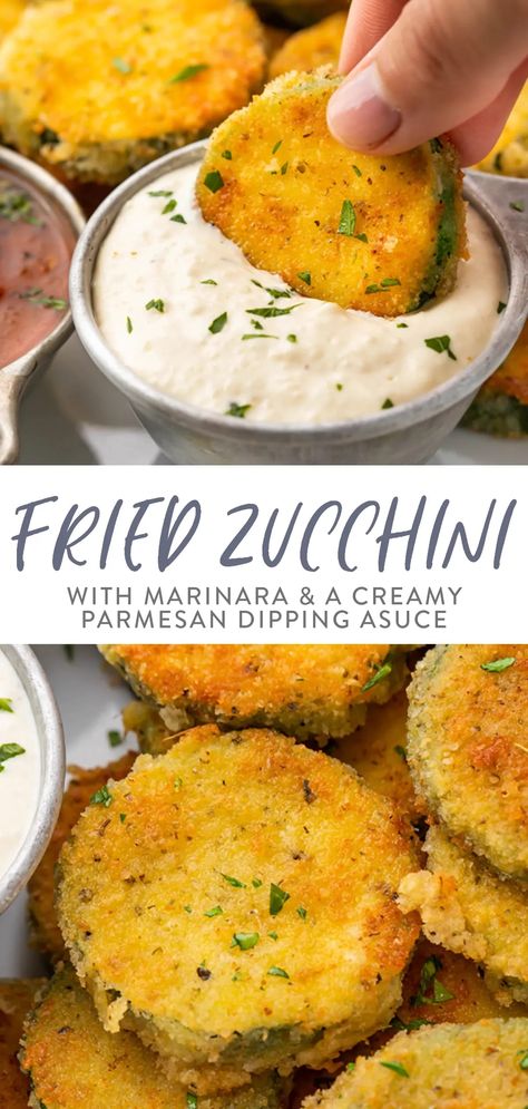 These crispy fried zucchini are coated with a parmesan breading and pan fried to perfection. Served with a creamy parmesan dipping sauce and perfect with marinara, this restaurant-style appetizer is simply delicious! Parmesan Dipping Sauce, Crispy Fried Zucchini, Crispy Zucchini Fries, Fried Zucchini Recipes, Creative Meals, Easy Zucchini Recipes, Fried Zucchini, Veggie Fries, Dipping Sauces Recipes