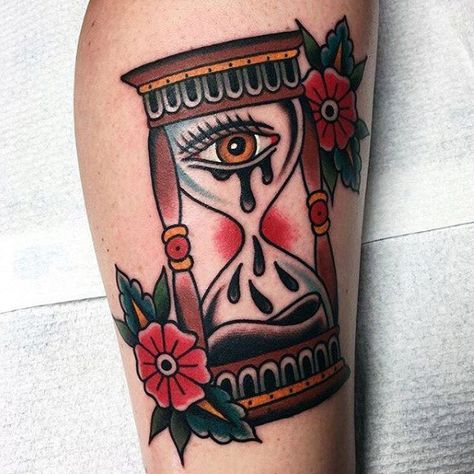 Mens Traditional Hourglass With Eye Tears Leg Tattoo Traditional Tattoo Eye, Traditional Tattoo Old School, Neotraditional Tattoo, Sunset Tattoos, Hourglass Tattoo, Traditional Style Tattoo, Date Tattoos, Tears In Eyes, Traditional Tattoo Sleeve