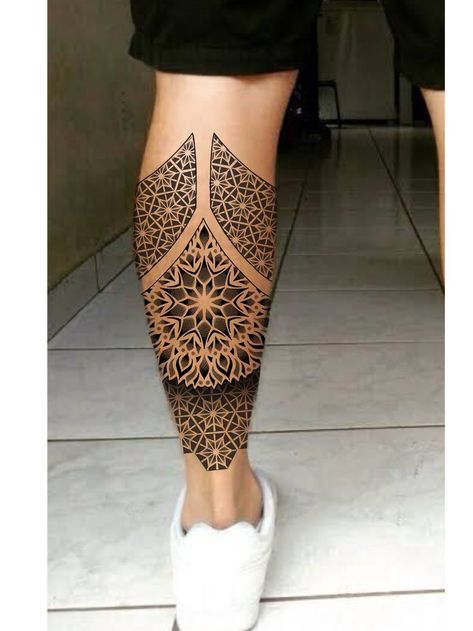 Leg Full Tattoo, Calf Mandala Tattoo, Mandala Calf Tattoo, Back Of Calf Tattoos For Women Calves, Geometric Leg Tattoo, Tattoo Pierna Hombre, Tattoo Design Mandala, Mandala Foot Tattoo, Mandala Tattoo Leg