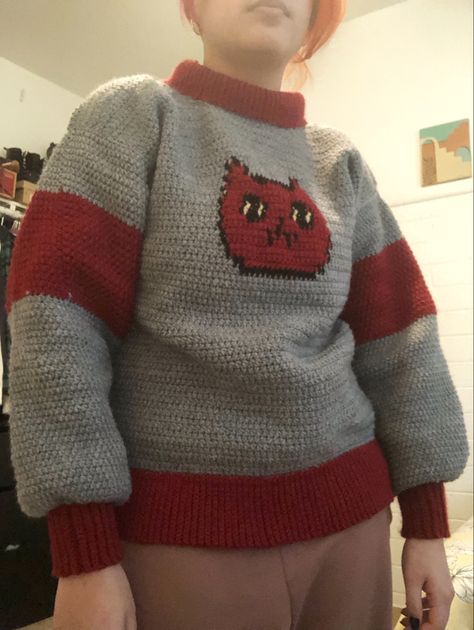 Hand crochet marceline cat sweater from adventure time Marceline Sweater Crochet, Marceline Cat Sweater, Marceline Crochet, Marceline Sweater, Crochet Cat Sweater, Adventure Time Crochet, Caron One Pound Yarn, Marceline The Vampire Queen, Cat Sweater