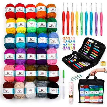 This 100% acrylic yarn pack contains 30 colors, bright and lustrous, no duplicates. A ball of acrylic yarn weighs 36g and the length is about 73 yards. Come with 73 Pack Crochet Hook Kit which includes everything you need to crochet. 9 Ergonomic crochet hook, 1 scissors, 1 measure tape, 3 knitting needles, 10 stitch markers and More. Ideal for beginners and experienced hobbyists - all you need included in a reusable bag , simple and easy to start a crochet project. Crochet yarn are great for ins Ergonomic Crochet Hook, Yarn Skein, Accessories Bag, Yarn Ball, Crochet Kit, Starter Pack, Amazon Com, Crochet Accessories, Learn To Crochet