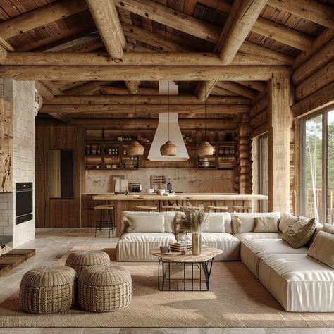 Log Interior Ideas, Ski House Living Room Decor, Norwegian Log Cabin, Log Cabin Rugs Living Rooms, Scandinavian Log Cabin Interior, Loghouse Interior Modern, Contemporary Log Cabin, Montana Cabin Interiors, Log House Interior Modern