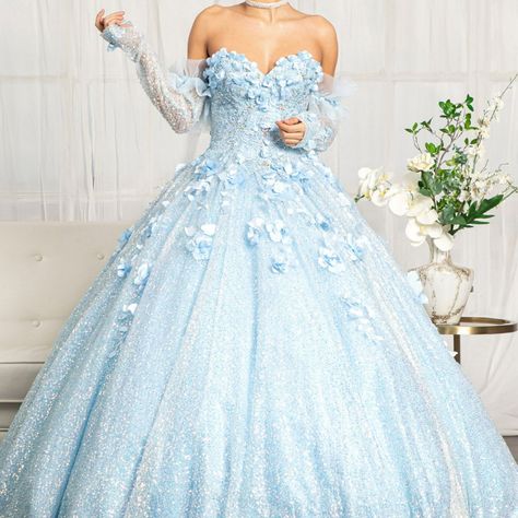 Sweetheart Neckline 3d Floral Applique Sequin Quinceanera Dress Color Baby Blue Dream Big And Get Away With This Beautiful Quinceanera Ball Gown! This Dress Features Sweetheart Neckline, Back Corset, And Detachable Mesh Long Sleeves. Delicate 3-D Flower Appliques And Sequin Embellishments Fall Gracefully Over The Body. Fabric: Sequin Length: Floor Length Neckline: Sweetheart Sleeve: Cut-Away Shoulder Back: Corset Embellishment: Applique, Beads, Embroidery Silhouette: Ball Gown Light Blue Quince Dress With Sleeves, Quinceanera Dresses Baby Blue, Baby Blue Quince Dresses, Baby Blue Wedding Dress, Baby Blue Quinceanera Dresses, Corset Embellishment, Baby Blue Wedding Dresses, Quinceanera Blue, Embroidery Silhouette