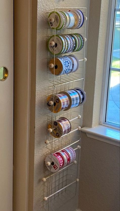 Wooden Ribbon Holder, Organizing Ribbon In Craft Room, Diy Ribbon Holder Organization Ideas, Diy Ribbon Organizer, Diy Ribbon Storage Ideas, Decorating Craft Room, Dollar Tree Craft Storage Ideas, Craft Room Organization On A Budget, Dollar Tree Wooden Tray Ideas