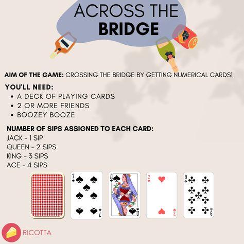 across the bridge drinking card game Card Drinking Games For Two, Deck Of Card Drinking Games, 3 Person Drinking Games, Deck Of Cards Drinking Game, Drinking Games For 2 Friends, Two Player Drinking Games, 2 Person Drinking Game, Two Person Drinking Games, Drinking Games With Cards