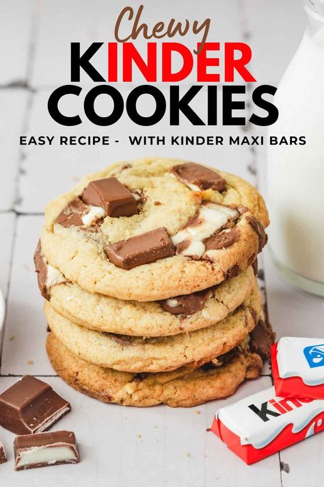 Indulge in the joy of baking with our simple Kinder Cookies recipe. Soft, chewy, and loaded with Kinder chocolate maxi bars, they're perfect for any occasion, whether it's a casual get-together or a festive celebration. Kinder Cookies Recipe, Easy Baking Recipes Cookies, Loaded Cookies Recipe, Deep Dish Cookie Recipe, Easy Baking With Kids, Simple Cookies Recipes, What To Bake When Bored Simple, Soft Cookies Recipes, Kinder Recipes