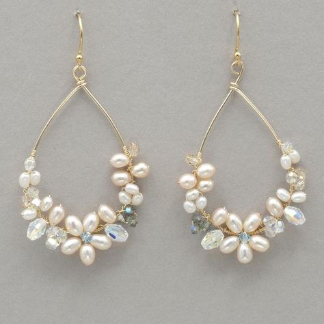 Fashioned onto a delicate teardrop wire, the Leilani Earrings are a vision of paradise captured for you to enjoy always. Swarovski crystals glisten among a soft cluster of iridescent freshwater seed pearls and sway as gently as they would in an island breeze. Freshwater pearls, Swarovski crystal, and gold-filled wire o قلادات متدلية, Earrings Ideas, Super Duo, Hair Combs, Beaded Hoop Earrings, Weaving Patterns, Diy Schmuck, Wire Earrings, Sea Glass Jewelry