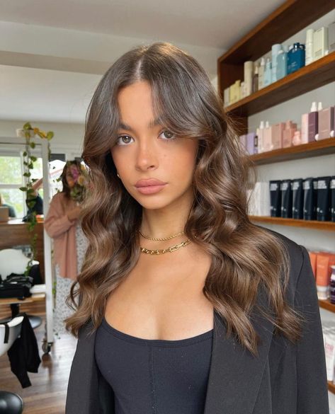 Boujee Brunette Hair, Mariah+ Core + Aesthetic, Brunette Hair Neutral Skin Tone, Dark Beige Brown Hair, Riviera Brunette, Beige Brunette Hair, Blowout Waves, Beige Brown Hair, Gold Brunette