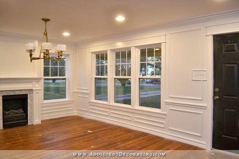 My Finished Dining Room Walls - Addicted 2 Decorating® Dining Chair Makeover, Wood Plank Ceiling, Painted Dining Table, Diy Barn Door Hardware, Frame Molding, Pantry Remodel, Window Casing, Diy Blinds, Picture Frame Molding