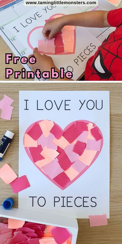 I Love You To Pieces Valentine's Day Craft for Kids. Free Printable Template. A fun art and craft activity for toddlers, preschoolers and kindergarteners. Perfect for sending home to parents this valentine's day. #valentine #artsandcrafts #freeprintable #toddler #preschool #kindergarten Valentine's Preschool Crafts, Va!entines Day Crafts For Kids, February Preschool Art, Activities For 2 Year Kids At Home Printable, Valentines Craft For Kindergarteners, Classroom Valentines Day Party, Valentines Keepsake Crafts For Kids, Love Crafts For Toddlers, Valentine Craft Preschool Parent Gifts