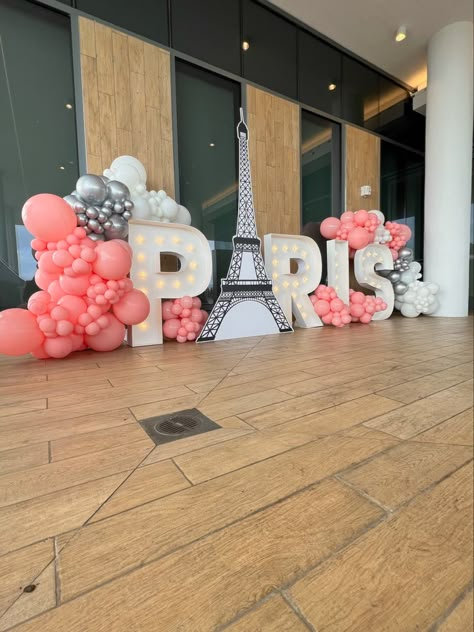 Night In Paris Theme Party Dress, Night In Paris Dance Theme, Evening In Paris Prom Theme, Paris Prom Theme Decorations, Paris Balloon Garland, Paris Themed Sweet 16 Party, Paris Birthday Party Ideas Decoration, Emily In Paris Theme Party, Paris Dance Theme