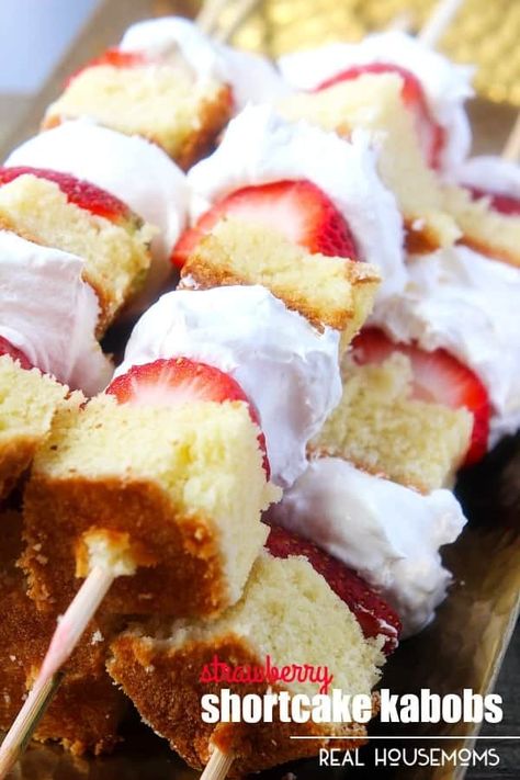 Kabobs For Party, Fruit Kabobs For Party, Strawberry Shortcake Kabobs, Party Fruit, Strawberry Shortcake Recipes, Shortcake Recipe, Sweet Cornbread, Fruit Kabobs, Salty Cake