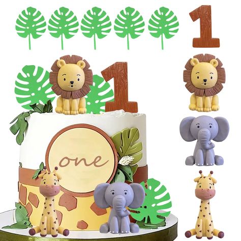 PRICES MAY VARY. PACKAGE – Including a lion, a giraffe, an elephant, a number 1 cake topper,and 5pcs green leaves. MATERIAL – The jungle animals cake toppers are made of clay. Size as the picture shows. CAKE DECOR – The safari animal cake topper is perfect for safari animal themed party, birthday party, wild one cake topper, jungle cake topper, baby shower, oh baby cake decorations. UNIQUE DESIGN – The safari animal cake decorations are vivid. Unique details help enhance imagination and creativi Wild One Birthday Cake Ideas, 1st Birthday Animal Theme, Wild One Cake Ideas, Jungle Theme 1st Birthday Party, Wild One Birthday Cake, Zoo Animal Cakes, Animal Cake Toppers, Safari Baby Shower Decorations, Wild One Cake