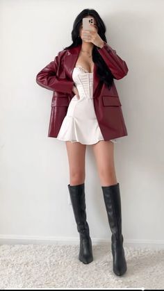 Petite Leather Jacket Outfit, Cherry Fashion Aesthetic, Fate Concert Outfit, Cherry Red Jacket Outfit, Bold Aesthetic Outfit, Kali Uchis Outfits Concert Ideas, Girl In Red Concert Outfit, Outfit For Concert Night, Red Clothing Aesthetic