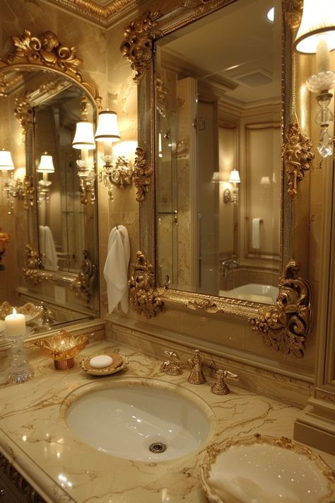 Old Money Aesthetic Bathroom, Old Money Mirror, Old Money Bathroom, Royalty Room, Bathroom Mirror Ideas, Old Money House, Royal Bathroom, Fancy Bathroom, Dream Life House