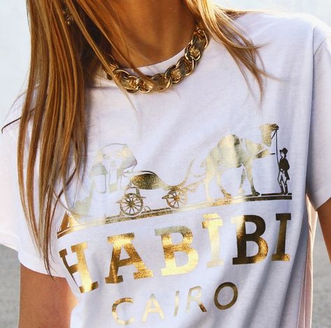 Habibi Cairo White and Gold Screen Printing Art, Screen Printed Tshirts, Tshirt Design Inspiration, Shirt Design Inspiration, Gold Foil Print, T Shirt Printing, Gold Texture, Foil Print, Casual Fall