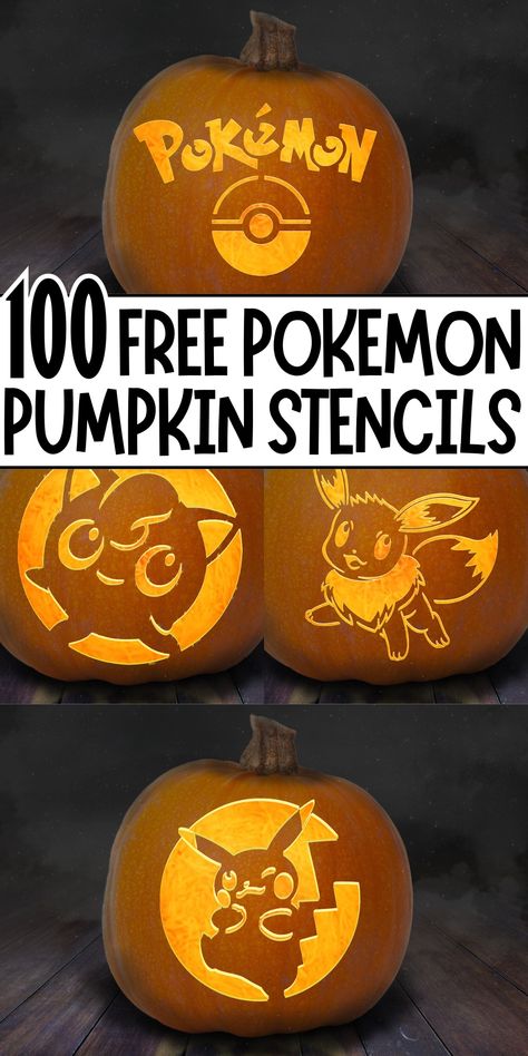 collage showcasing four Pokémon pumpkin carvings, perfect for Halloween decorations. The top pumpkin features the iconic "Pokémon" logo and Pokéball design. Below it, there is text that says "100 Free Pokémon Pumpkin Stencils" in bold, black letters. The bottom section displays three pumpkins, each carved with different Pokémon characters: Jigglypuff on the left, Eevee in the middle, and Pikachu winking on the right. Each design is carved into the pumpkins, glowing with a bright orange light Pokemon Pumpkin Stencils, Pokemon Pumpkin, Pumpkin Patterns Free, Pumpkin Carving Patterns Free, Halloween Pumpkin Stencils, Character Pumpkins, Dekorasi Halloween, Pumpkin Stencils, Pumkin Carving