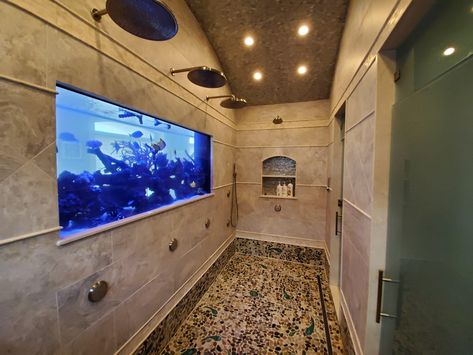 When our client mentioned the two things they love best are showers and aquariums we knew what we needed to do. Magnificent Custom Aquarium in this beautiful shower designed and installed by www.aquacustomfishtanks.com Shower Aquarium, Aquarium Bathroom, Shower Goals, Custom Aquarium, Cool Fish Tanks, Home Aquarium, Cool Fish, Aquarium Design, Fish Aquarium