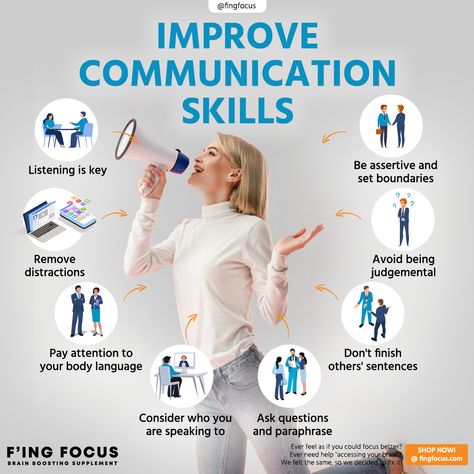 Communicate Your Way To Success 🗣⁣ ⁣ Follow @fingfocus for more tips on everyday success.⁣ ⁣ Do you sometimes feel like your message is getting lost along the way?⁣ ⁣ Effective communication is crucial for business and in our relationships. It's how we express our thoughts and feelings so that others can understand our message. ⁣ ⁣⁣⁣⁣⁣ #FingFocus #focus #energy #clarity #cognition #nootropics #brainboost #brainhealth #healthymind #Communication #speech #bodylanguage #askquestions #paraphrase Effective Business Communication, Improve Communication Skills Activities, How To Improve Communication Skills Tips, Effective Communication Illustration, How To Develop Communication Skills, Effective Communication Skills Business, How To Improve Communication Skills, Communication Skills Activities, Office Communication