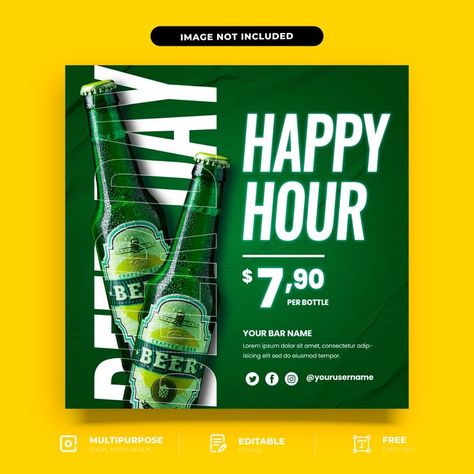 PSD Beer Happy Hour Social Media Template Design Happy Hour Beer, Beer Advertisement, Pub Design, Beer Ad, Social Media Advertising Design, Publicidad Creativa, Instagram Grid, Social Media Poster, Beer Design