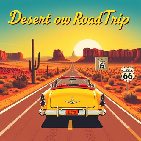 Vintage Desert Road Trip  #VintageRoadTrip #DesertAdventure #Route66 #art #poster Road Trip Poster, Road Trip Graphic, Trip Poster, Desert Road Trip, Road Trip Aesthetic, Vintage Desert, Trip Aesthetic, Desert Road, Route 66 Road Trip