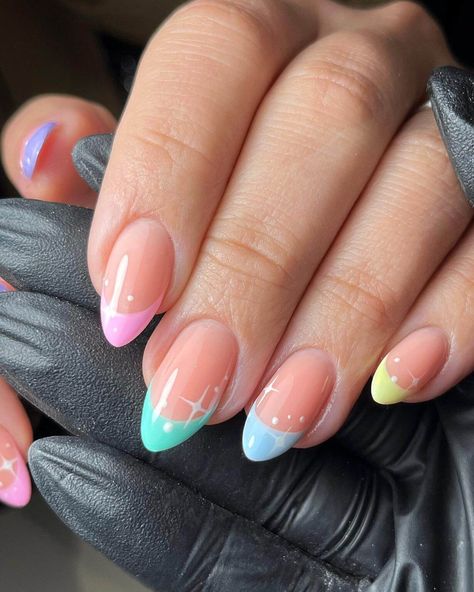 51 Cute Pastel Easter Nails - Ak Pal Kitchen Pastel Tip Nails Almond, Pastel Easter Nails French, Pastel Tips Nails, Multicoloured French Tip Nails, Pastel Nail Tips, Summer Nail Ideas Almond Shape, French Pastel Nails, Fun French Nails, Pastel French Nails