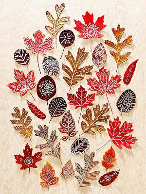 Autumn Art: Use beautiful fall leaves as canvases for doodle designs. Press colorful finds inside a heavy book for about 10 days, then draw on them with metallic paint markers. To add a bit more strength and shine, seal the finished leaves with Mod Podge. Autumn Leaves Craft, Eco Friendly Art, Drawing Faces, Leaf Crafts, Autumn Crafts, Fall Crafts For Kids, Doodle Designs, Painted Leaves, Nature Crafts