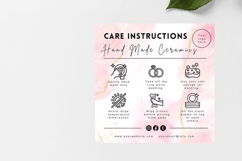 Ceramics Care Card Instruction, Editable Canva small business template, Pottery Care Cards, Printable Care Guide, Mugs Dish Instructions. 100% Editable Template, Additional Social Media Icons Included. #caremics #care card #pottery insert #ceramist #mugs care card #dish care card #canva #template #small business Handbag Care, Dragon Dreaming, Design Cards, Cards Printable, Crochet Dress Pattern, Care Card, Social Media Icons, Canva Templates, Business Template