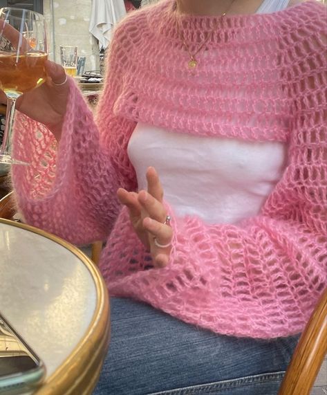 Bolero Sweater Crochet Pattern, Mohair Crochet Shrug, Pink Crochet Bolero, Crochet Jumper Aesthetic, Crochet Mohair Bolero, Crocheting With Mohair, Crochet Mohair Projects, Crochet With Mohair Yarn, Barbie Crochet Top