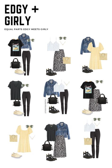 Grunge Capsule Wardrobe, Edgy Outfits Summer, Edgy Capsule Wardrobe, Outfit Viaje, Flatlay Outfit, Plus Size Edgy, Casual Edgy Outfits, Outfit Capsule, Edgy Summer Outfits