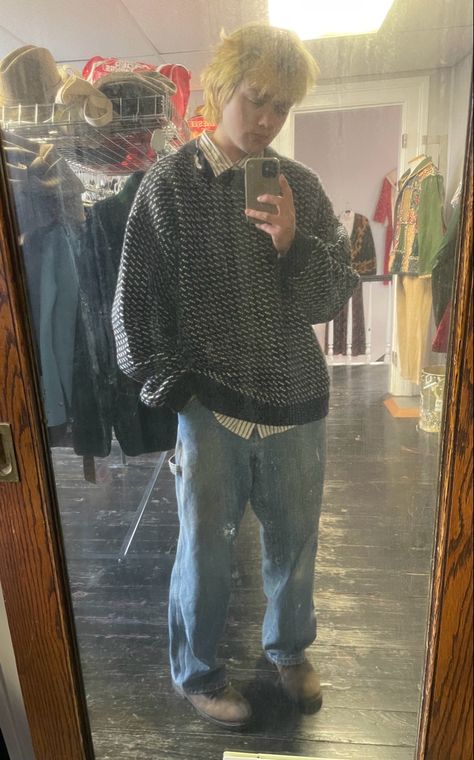 Mirror selfie of boy with bleached hair and oversized blue sweater How To Style A Grandpa Sweater, Grandpa Outfit Aesthetic Men, Grandpa Sweater Men, Old Grandpa Aesthetic, Grandad Sweater Outfit, Grandpa Outfits Men, Masc Sweater Outfit, Grandad Jumper Outfit, Grandpa Sweater Outfit Men