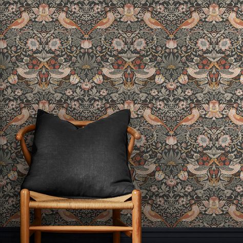 Strawberry Thief Wallpaper, Thief Wallpaper, The Strawberry Thief, William Morris Wallpaper, Charcoal Wallpaper, Outdoor Living Furniture, Strawberry Thief, Green Backdrops, Graham & Brown