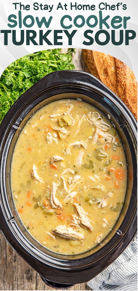 This easy and satisfying Slow Cooker Turkey Soup lets you use up your leftover turkey while providing a welcome and delicious departure from “leftover turkey dinner.” Easy Turkey Soup Simple, Slow Cooker Christmas Soup, Crockpot Turkey Recipes Slow Cooker, Cream Of Turkey Soup Recipe Crock Pot, Crock Pot Turkey Soup Recipes, Leftover Turkey Soup Recipes Crock Pot, Slow Cooker Turkey Soup Recipes, Creamy Turkey Soup Crockpot, Slow Cooker Turkey Noodle Soup