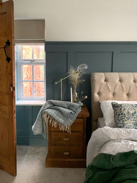 Farrow & Ball De Nimes blue, mixed with greens and neutrals, add in layers, warm wood, panelling and button back for a cosy country feel De Nimes Farrow Ball Bedroom, De Nimes Bedroom, De Nimes Farrow Ball, Greens And Neutrals, Farrow And Ball Bedroom, Wood Panelling, Bathroom Paneling, Farrow And Ball, Bedroom Decor Design