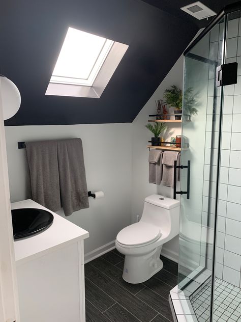 Dream Bathroom | Debo Small Bathroom With Vaulted Ceiling, Attic Bathrooms Small, Small Bathroom Vaulted Ceiling, Small Bathroom With Angled Ceiling, Small Full Bathroom Slanted Ceiling, Small Bathroom Skylight, Loft Shower Room Ideas Sloped Ceiling, Vaulted Ceiling Bathroom Small, Bathroom With Slanted Ceiling Small