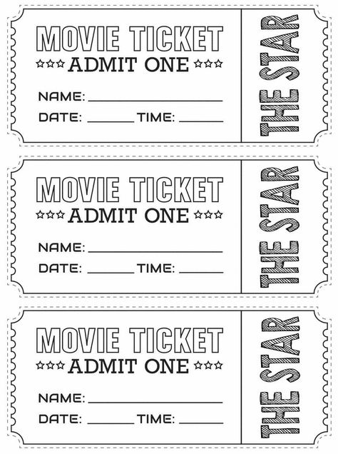 Paper Tickets Free Printable, Movie Night Printables Ticket, Fake Movie Tickets Printable, Cinema Tickets Printable, Diy Movie Tickets Template, Blank Movie Ticket Template, Diy Tickets Templates, Cinema Ticket Template Free Printables, Movie Night Coloring Page