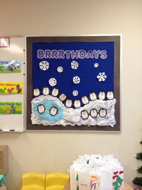 Winter birthday bulletin board idea Winter Birthday Wall Ideas For Classroom, Birthday Board For Infant Classroom, Winter Birthday Boards Preschool, Christmas Birthday Bulletin Board Ideas, Winter Birthday Board Ideas, December Birthday Board Ideas, December Birthday Bulletin Boards, Birthday Wall Preschool Ideas, January Birthday Board Ideas