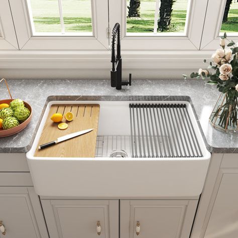 DeerValley Grove White Fireclay Rectangular Single Bowl Farmhouse Apron Kitchen Sink with Grid and Strainer | Wayfair Kitchen Sinks Farmhouse, Apron Sink Kitchen, Farmhouse Apron, Apron Sink, Pull Out Kitchen Faucet, Sink Grid, Farmhouse Aprons, Single Bowl Kitchen Sink, Farm Sink