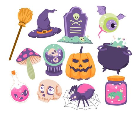 Halloween Objects, Mirror Drawings, Halloween Digital Art, Halloween Doodles, Skull Spider, Halloween Wallpaper Cute, Purple Pumpkin, Halloween Tombstones, Halloween Vector