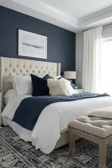 Navy Blue Headboard, Beautiful Bed Designs, Navy Bedrooms, Blue Headboard, Navy Blue Bedrooms, Blue Accent Walls, Blue Bedroom Decor, Accent Wall Bedroom, Luxurious Bedroom