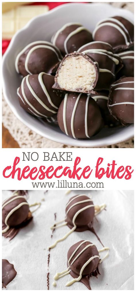 I can't think of a better summer treat than these cheesecake bites!! They are sweet little bites of heaven and they are NO-BAKE! No Bake Cheesecake Bites, Chocolate Covered Cheesecake, Cheesecake Bars Easy, Recipe Cheesecake, Cheesecake Bites Recipe, Cheesecake Factory Recipes, Making Candy, Easy No Bake Cheesecake, Cheesecake Recipes Classic