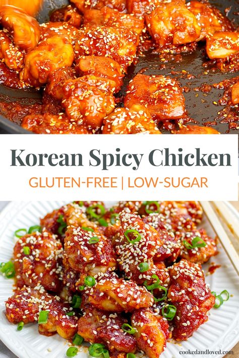 This Korean spicy chicken recipe is incredibly delicious and packed with flavour. Tender, juicy chicken pieces are pan-fried and coated in a mouthwatering spicy, sweet, and savoury Korean sauce. This recipe is inspired by the popular KFC (Korean fried chicken) and is a healthier version, gluten-free and paleo-friendly. Paleo Asian Recipes, Healthy Asian Chicken Recipes, Korean Spicy Chicken, Korean Sauce, Korean Fried Chicken Recipe, Chicken Recipe Healthy, Gluten Free Chicken Recipes, Healthy Asian Recipes, Sweet And Spicy Chicken