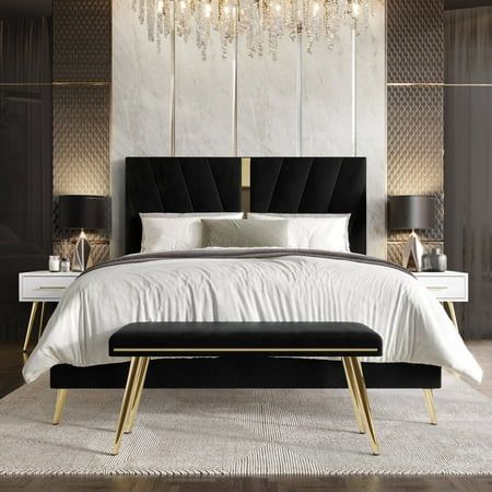 Elevate your bedroom with our luxurious 4-piece set, featuring a bed, two nightstands, and a matching bench. With a modern gold acrylic strip on the headboard and sturdy metal gold legs, it exudes elegance and stability. Upholstered in 100% polyester velvet fabric, it offers a sumptuous feel. Crafted from solid rubberwood, MDF, and LVL, this set ensures durability. Two modern 1-drawer white nightstands provide convenient bedside storage. Assembly is easy with clear instructions included. Enhance Neutral Color Master Bed, Black Bed With White Furniture, Black Velvet Headboard Bedroom Ideas, Bedroom Decor Black And Gold, Walmart Bedroom Ideas, Black Gold White Bedroom, Black Gold And White Bedroom, Black Bed Bedroom Ideas, Black White Gold Bedroom