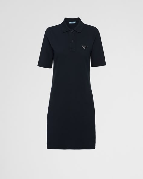 Flared fit Polo collar Three-quarter sleeves Enameled metal triangle logo Side slits Garment dyed Prada Dress Couture, Chanel Outfits Women, Prada Outfits Women, Prada Outfits, Prada Dresses, Prada Dress, Prada Fashion, Triangle Logo, Polo Dress