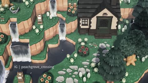 🌿🕊 Momo 🕊🌿 on Instagram: “Raymond’s home, nestled deep in the forest near the sunken waterfalls. 🕊🌿 - You won’t believe how long it took me to get this darn cat to…” Acnh Sunken House, Raymond House Acnh, Animal Crossing Mountain, Sunken House, Mountain Island, Island Layout, Cottagecore Animal Crossing, Waterfall House, Deep In The Forest