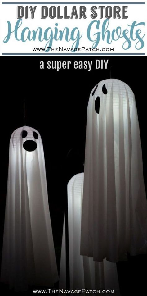 Dollar Store Halloween Diy, Yard Ghosts, How To Make Ghosts, Outdoor Ghosts, Diy Halloween Ghosts, Lights Diy, Ghost Diy, Ghost Lights, Hanging Ghosts