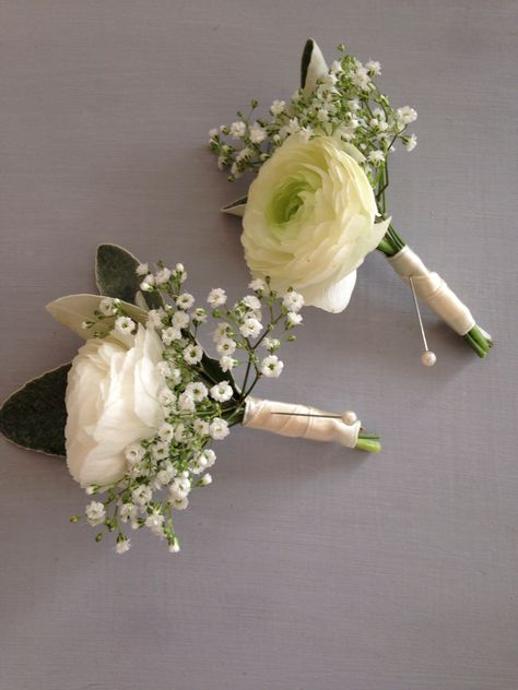 Ladies buttonhole corsage using ranunculus and Gypsophilia Ranunculus Buttonhole, Ladies Buttonhole, Peony Buttonhole, Florist Ideas, Ranunculus Bouquet, Coral Charm Peony, Wedding Renewal, Renewal Wedding, White Ranunculus