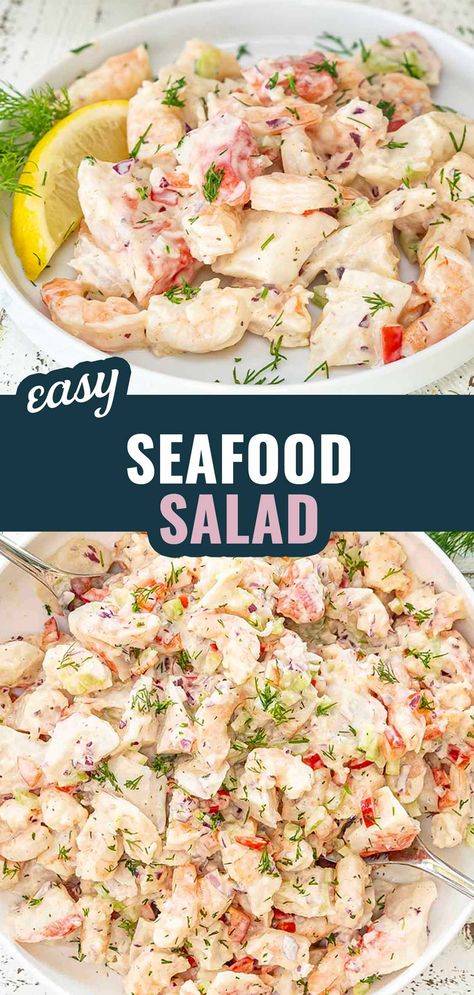 Seafood Salad! 🦐🦀 Perfect for summer gatherings or a healthy meal at home. Creamy Dijon dressing meets tender shrimp and sweet crab for a delicious combo. #SeafoodSalad #EasyRecipes Shrimp Salad Dip, Seafood Salad Recipes Cold, Easy Seafood Salad Recipe, Keto Seafood Salad, Seafood Salad Sandwich, Seafood Salad Dressing, Shrimp And Crab Salad Recipes, Easy Crab Salad Recipe, Seafood Salad Recipe With Crab Shrimp